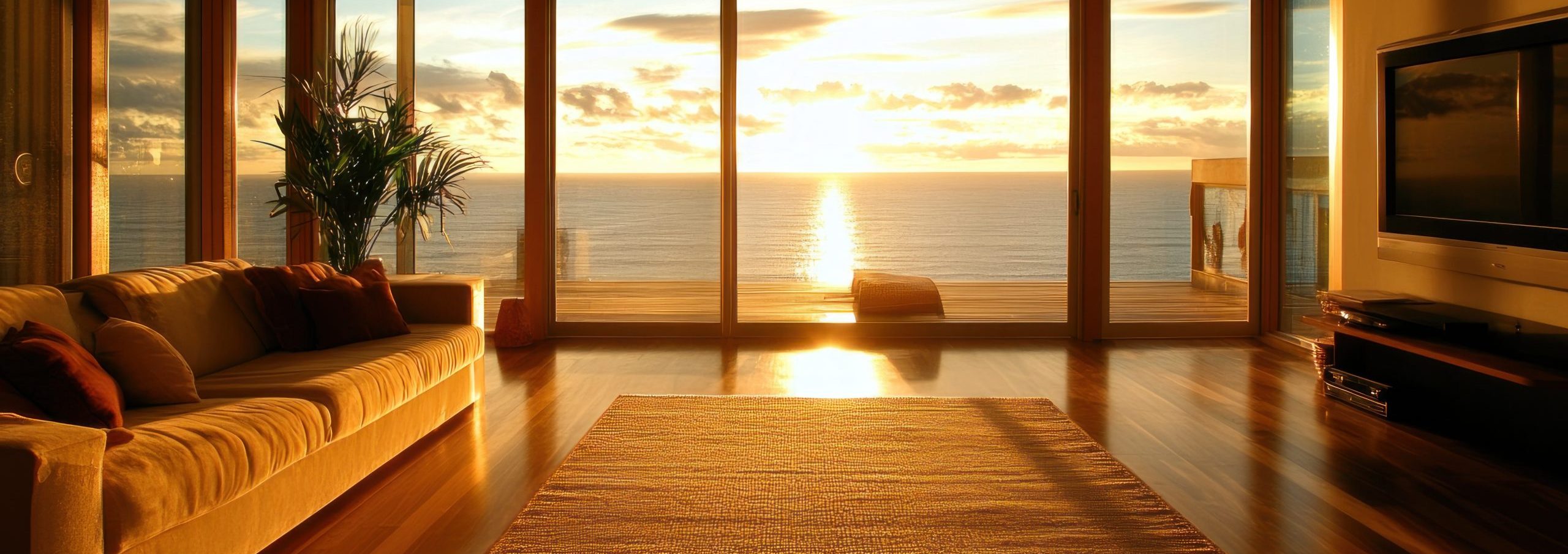 Sunlit living room with ocean view, hardwood floors, large windows, comfortable sofa, and rug.