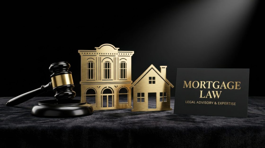 Mortgage Law concept with golden house models and judge gavel, legal advisory and expertise for real estate, property law services on black background